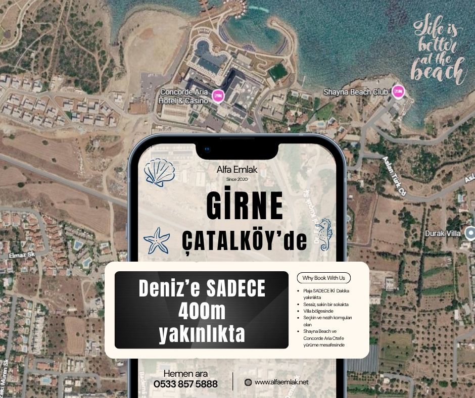 Girne Çatalköy’de, Plaja Sadece İKİ Dakika Yakınlıkta, Satılık Arsa.